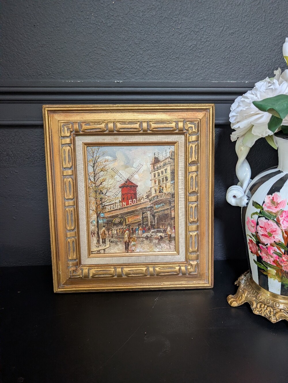 Vintage Signed Moulin Rouge Paris Street Scene Painting Ornate Gold Frame 16"